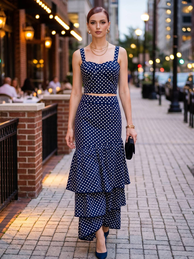 Polka Dot (100% Cotton) Cascading Tiered Maxi Skirt - Navy
