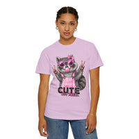 Cute But Feral, Raccoon in Pink Bibs - Comfort Colors | Trendy Women's T-Shirt. Direct to Garment. Printed & Shipped in the USA. Unisex Sizes.
