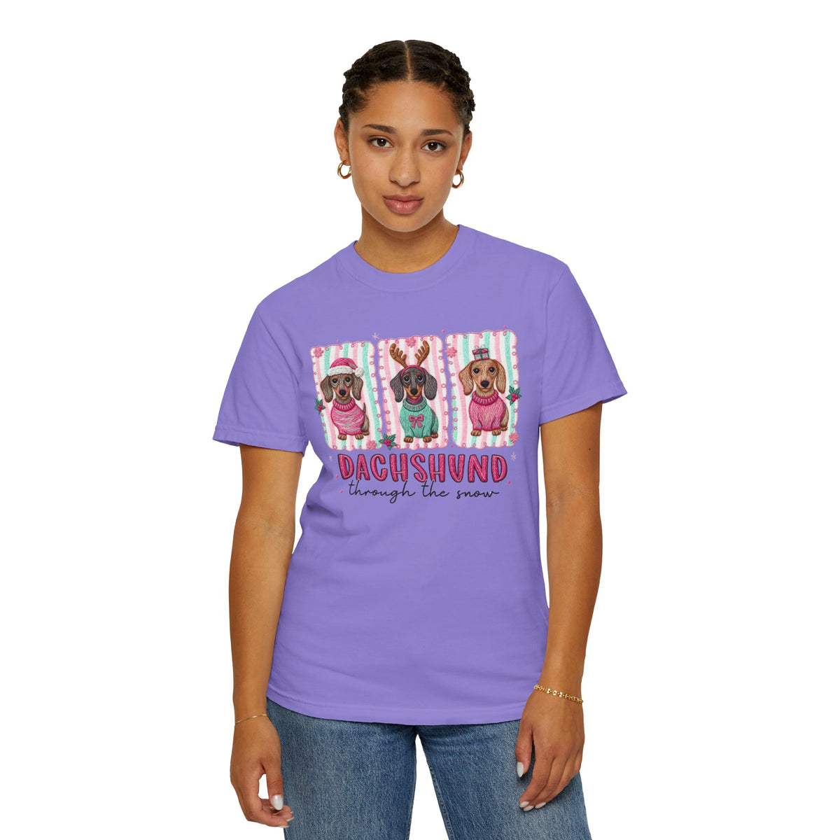 Dachshund Through the Snow - Comfort Colors | Trendy Women's T-Shirt. Direct to Garment. Printed & Shipped in the USA. Unisex Sizes.