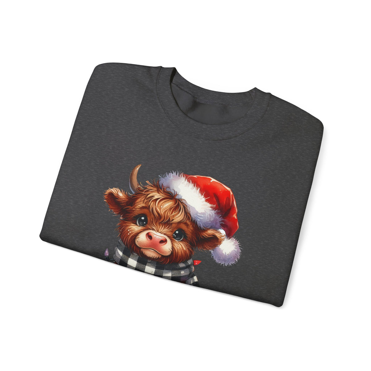 Cute Highland Cow Santa Hat Scarf Christmas Lights – Gildan Heavy Blend | Trendy Women’s Soft Sweatshirt. Direct to Garment. Printed & Shipped in the USA. Unisex Sizes.
