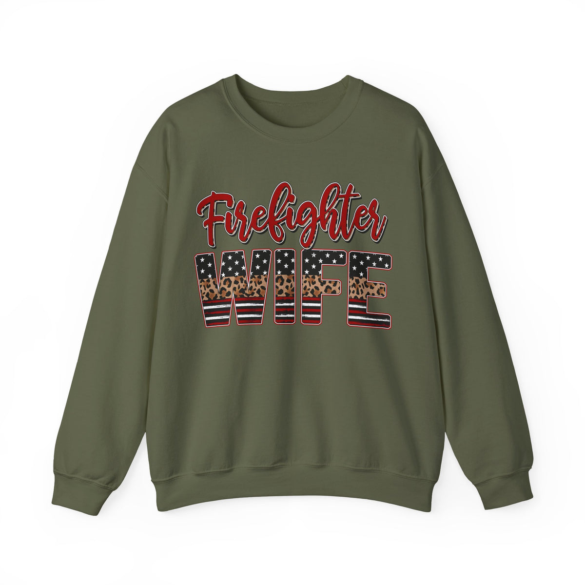 Firefighter Wife Patriotic Flag Lettering for Firefighter Spouse – Gildan Heavy Blend | Trendy Women’s Soft Sweatshirt. Direct to Garment. Printed & Shipped in the USA. Unisex Sizes.