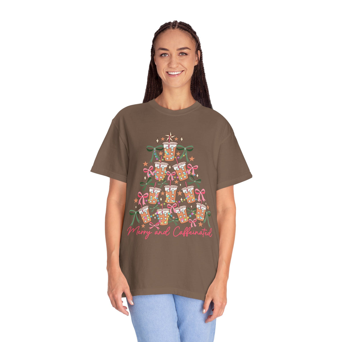 Merry and Caffeinated Iced Coffee Christmas Tree - Comfort Colors | Trendy Women's T-Shirt. Direct to Garment. Printed & Shipped in the USA. Unisex Sizes.