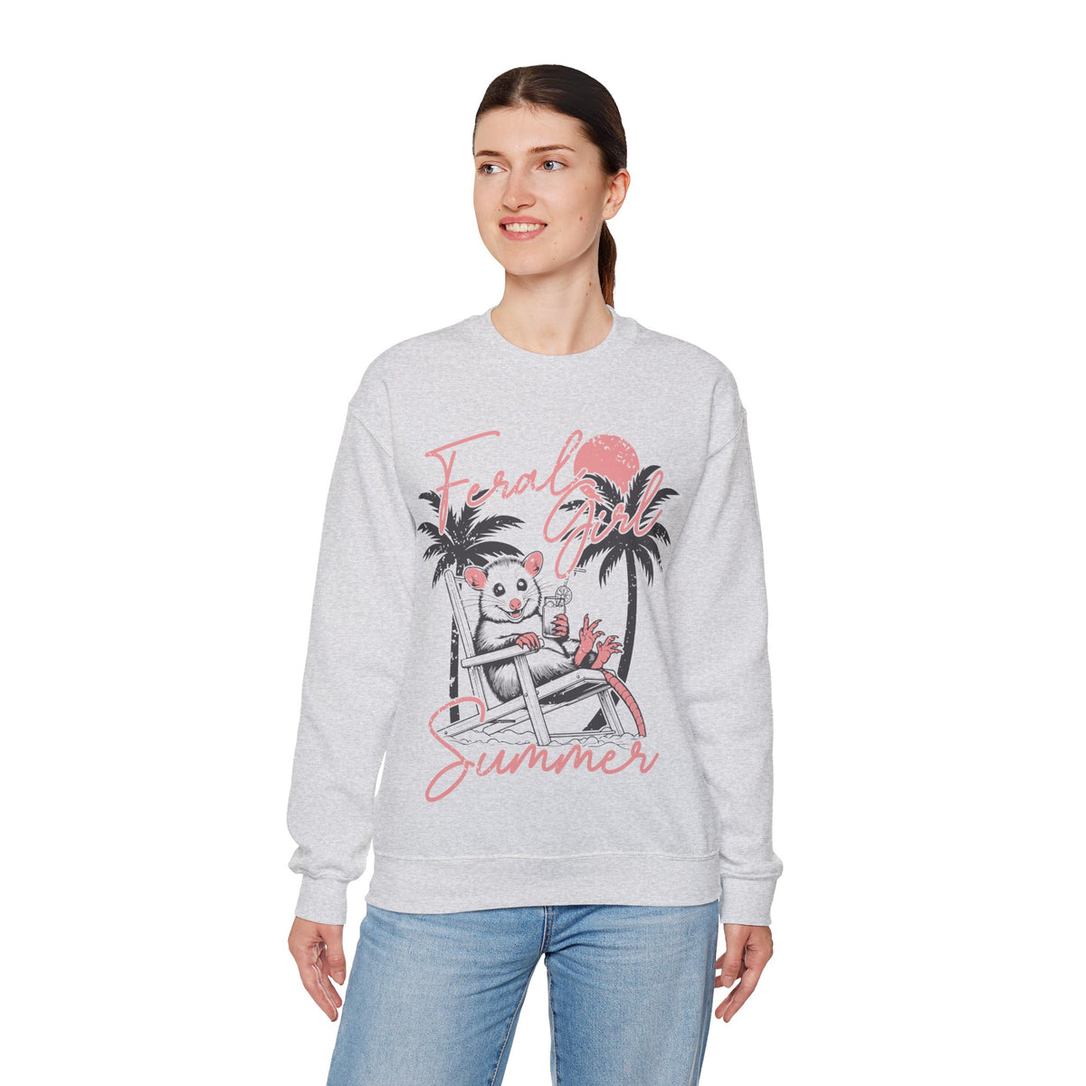 Feral Girl Summer, Possum on a Beach – Gildan Heavy Blend | Trendy Women’s Soft Sweatshirt. Direct to Garment. Printed & Shipped in the USA. Unisex Sizes.