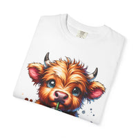 Coffee Addict Highland Cow Drinking Iced Coffee - Comfort Colors | Trendy Women's T-Shirt. Direct to Garment. Printed & Shipped in the USA. Unisex Sizes.