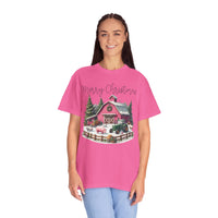 Merry Christmas Pink Barn Farm Animals - Comfort Colors | Trendy Women's T-Shirt. Direct to Garment. Printed & Shipped in the USA. Unisex Sizes.