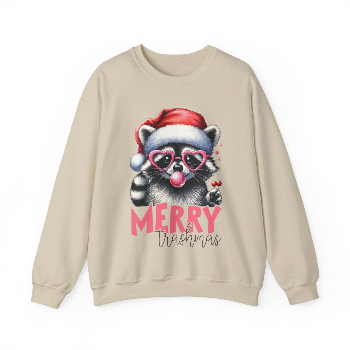Merry Trashmas Bubblegum Raccoon w/Santa Hat Christmas – Gildan Heavy Blend | Trendy Women’s Soft Sweatshirt. Direct to Garment. Printed & Shipped in the USA. Unisex Sizes.