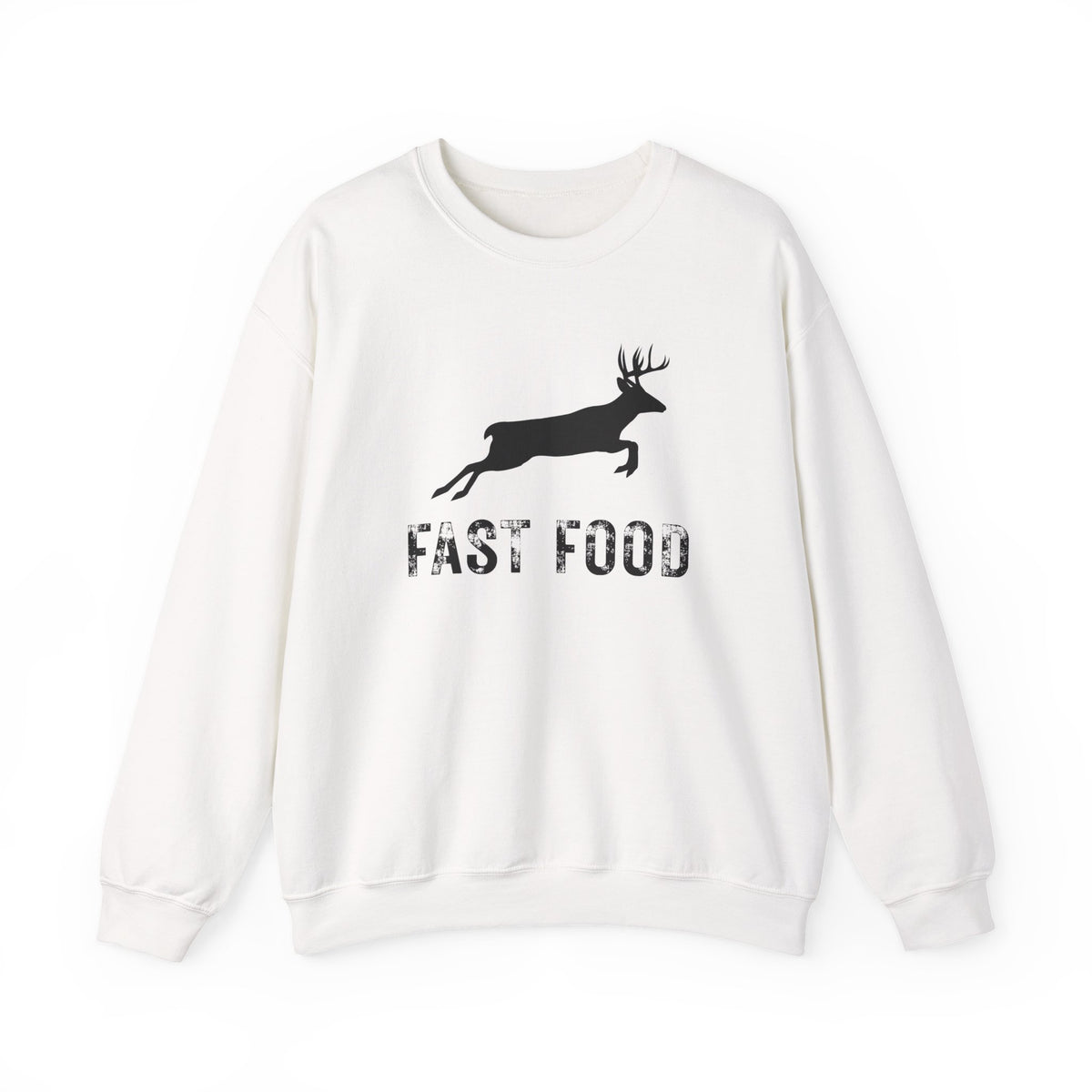 Fast Food Deer Hunting Humor Distressed – Gildan Heavy Blend | Trendy Men's and Women’s Soft Sweatshirt. Direct to Garment. Printed & Shipped in the USA. Unisex Sizes.