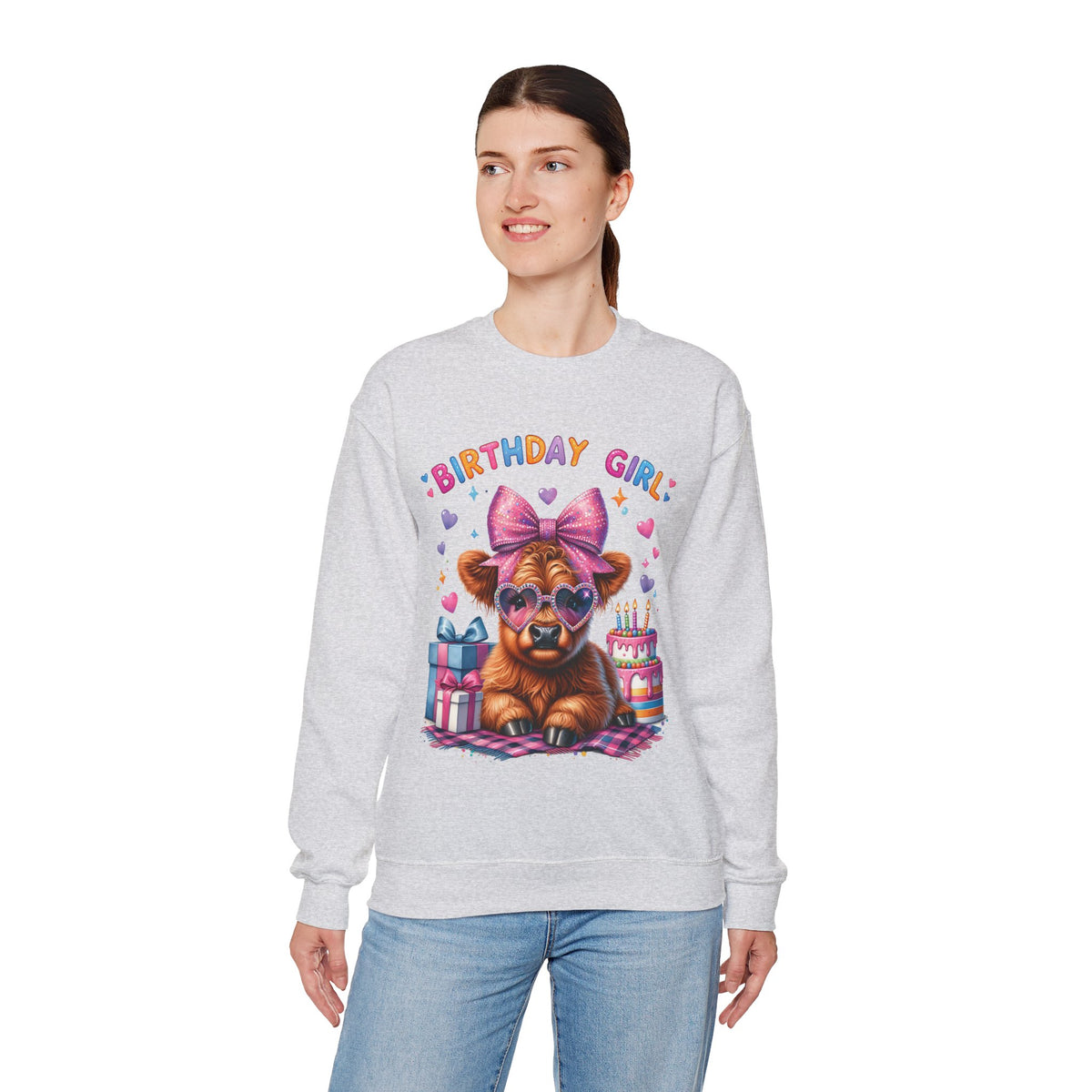 Birthday Girl, Highland Cow – Gildan Heavy Blend | Trendy Women’s Soft Sweatshirt. Direct to Garment. Printed & Shipped in the USA. Unisex Sizes.