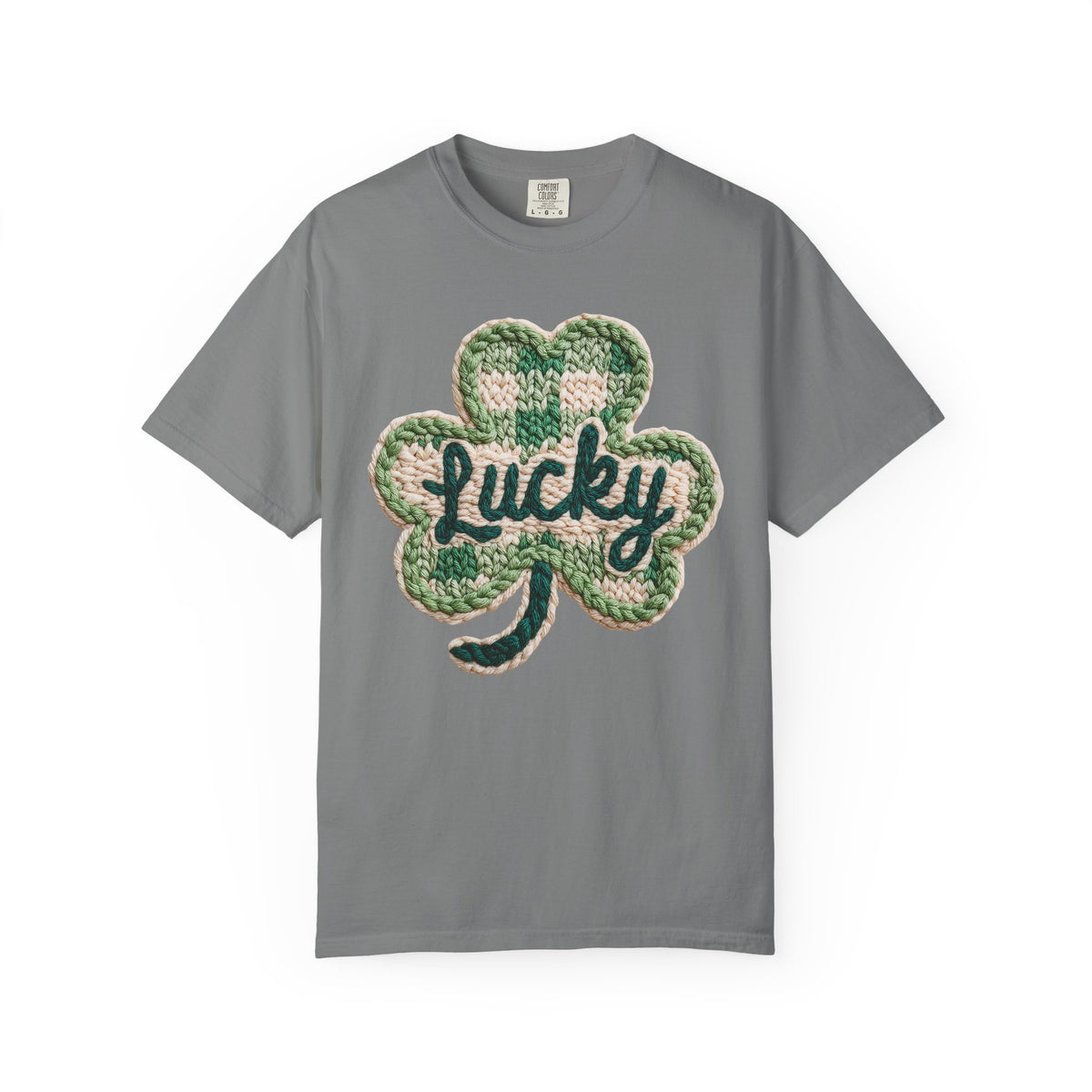 Lucky Shamrock Faux Knit - Comfort Colors | Trendy Men's and Women's T-Shirt. Direct to Garment. Printed & Shipped in the USA. Unisex Sizes.