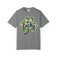 Lucky Shamrock Faux Knit - Comfort Colors | Trendy Men's and Women's T-Shirt. Direct to Garment. Printed & Shipped in the USA. Unisex Sizes.