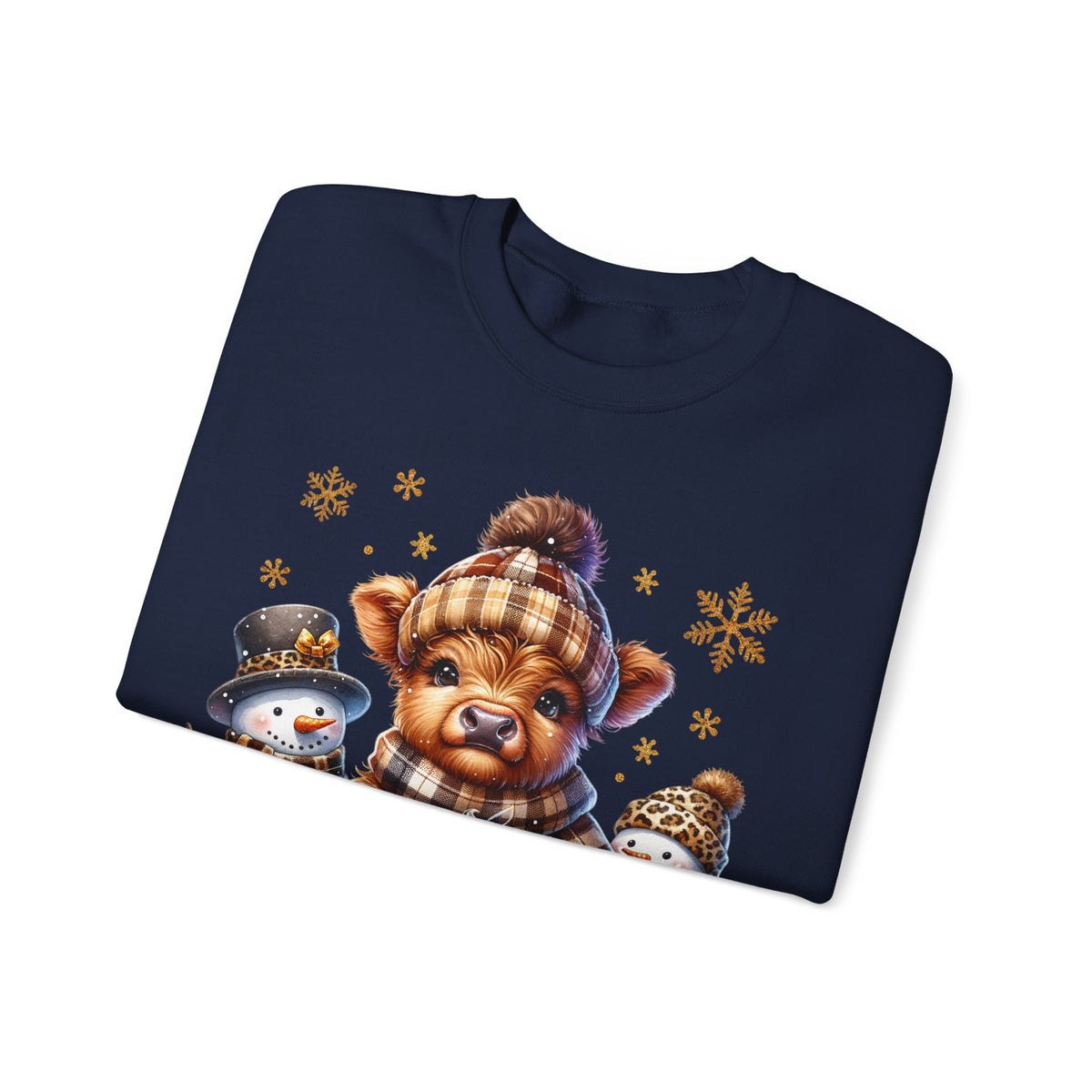 Cute Highland Cow with Snowmen, Winter – Gildan Heavy Blend | Trendy Women’s Soft Sweatshirt. Direct to Garment. Printed & Shipped in the USA. Unisex Sizes.
