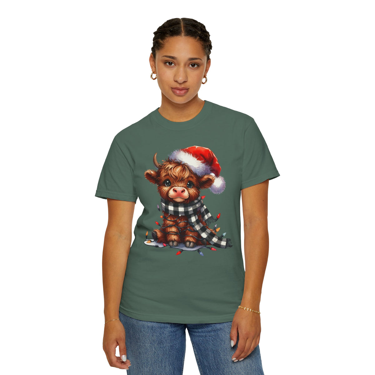 Cute Highland Cow Santa Hat Scarf Christmas Lights - Comfort Colors | Trendy Unisex T-Shirt. Direct to Garment. Printed & Shipped in the USA. Unisex Sizes.