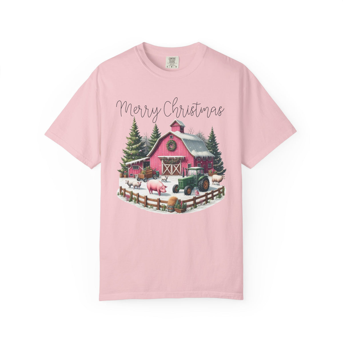 Merry Christmas Pink Barn Farm Animals - Comfort Colors | Trendy Women's T-Shirt. Direct to Garment. Printed & Shipped in the USA. Unisex Sizes.