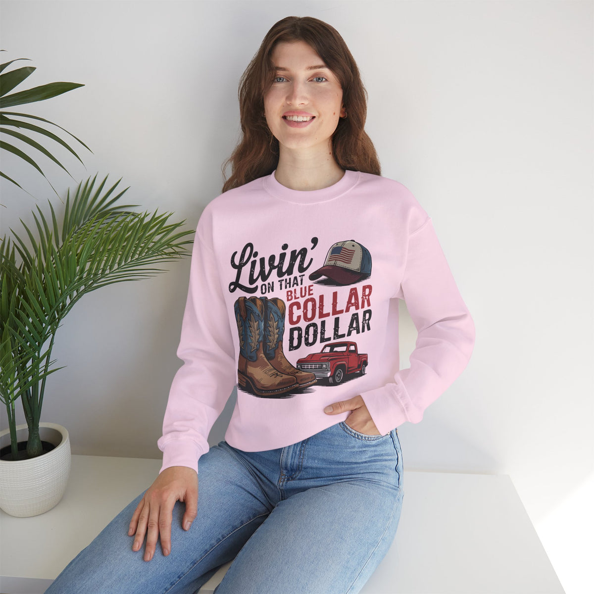 Livin' on That Blue Collar Dollar, Boots and Work Truck – Gildan Heavy Blend | Trendy Men's and Women’s Soft Sweatshirt. Direct to Garment. Printed & Shipped in the USA. Unisex Sizes.