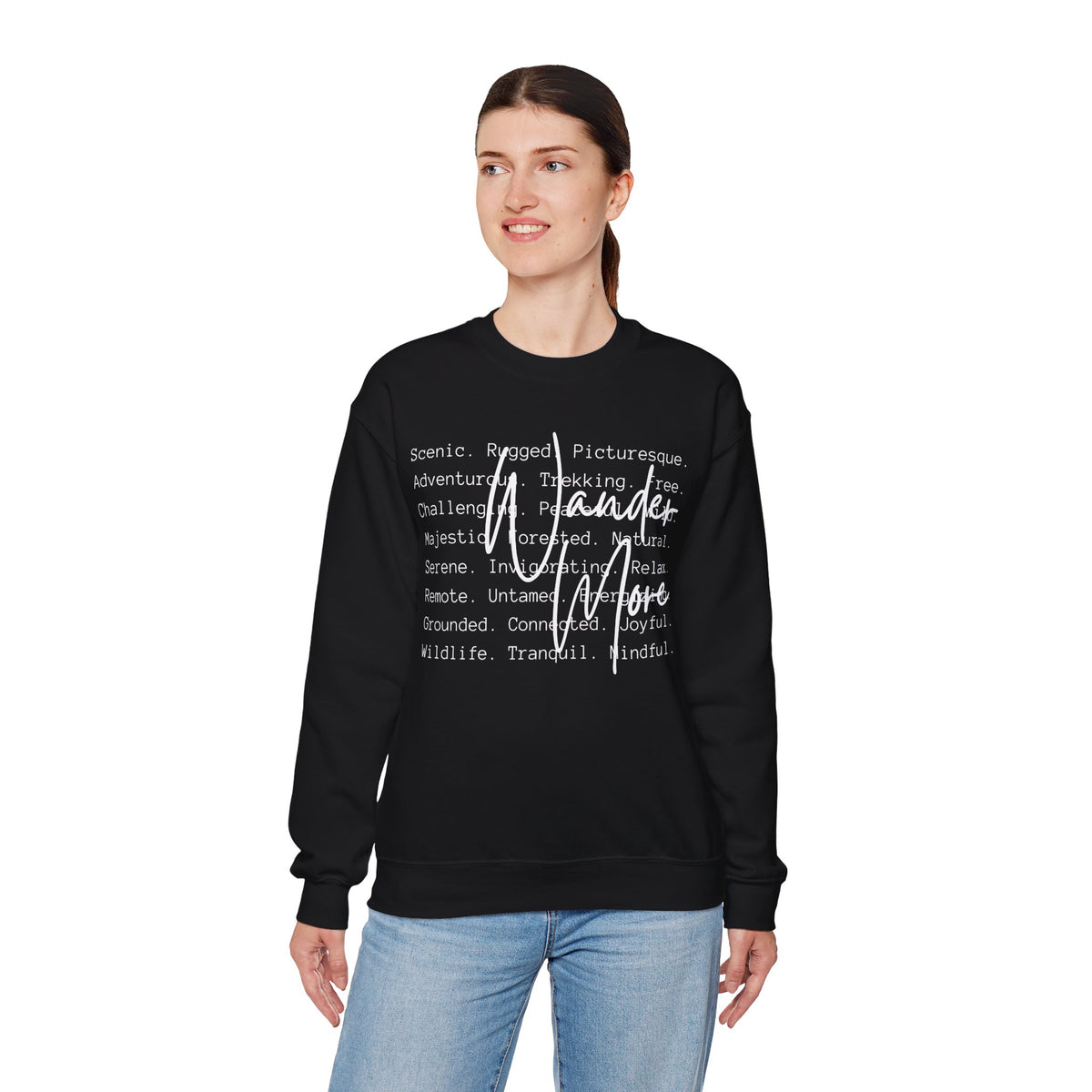 Wander More, Scenic Adventure Typography – Gildan Heavy Blend | Trendy Men's and Women’s Soft Sweatshirt. Direct to Garment. Printed & Shipped in the USA. Unisex Sizes.