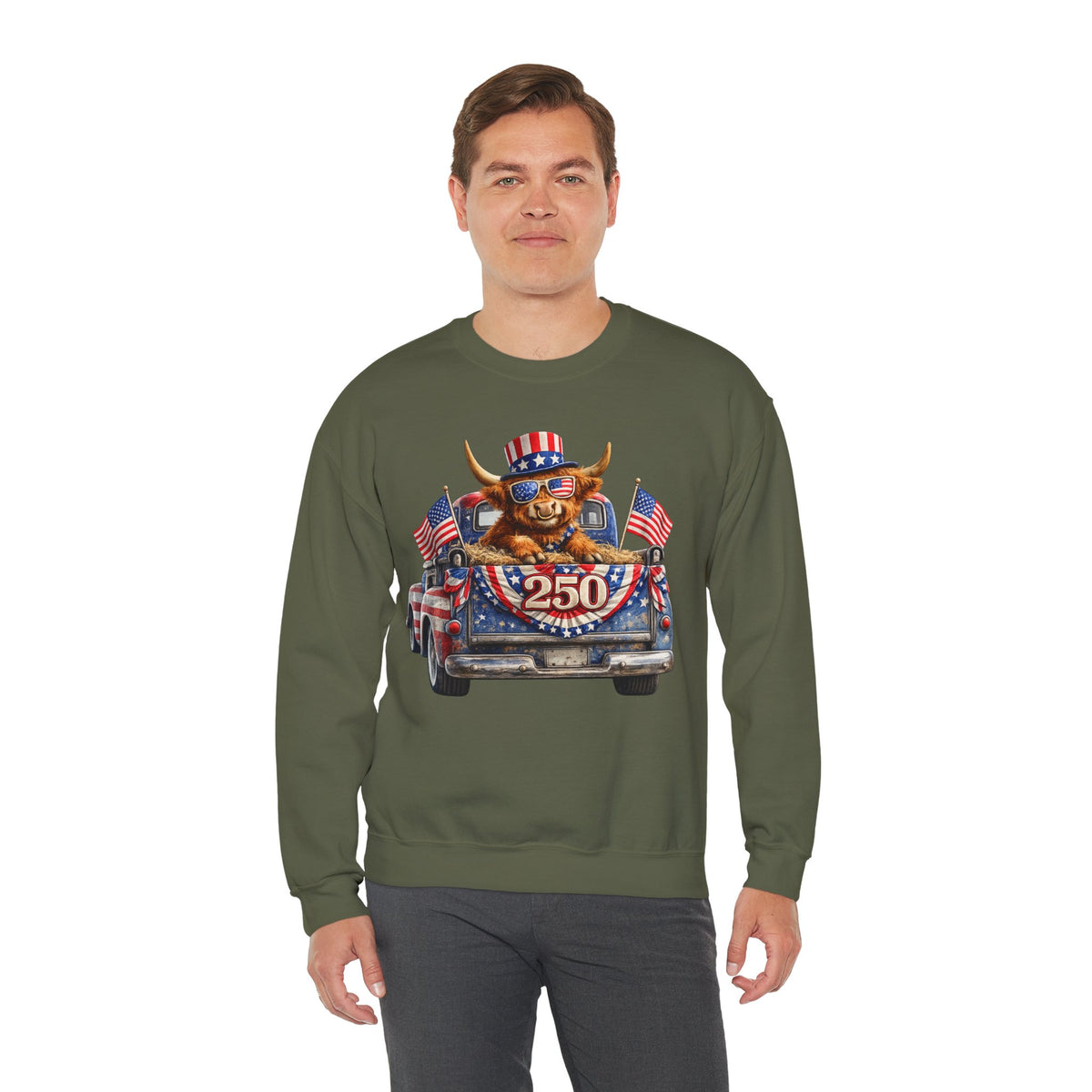 Patriotic Highland, America's 250th Birthday – Gildan Heavy Blend | Trendy Women’s and Men's Soft Sweatshirt. Direct to Garment. Printed & Shipped in the USA. Unisex Sizes.