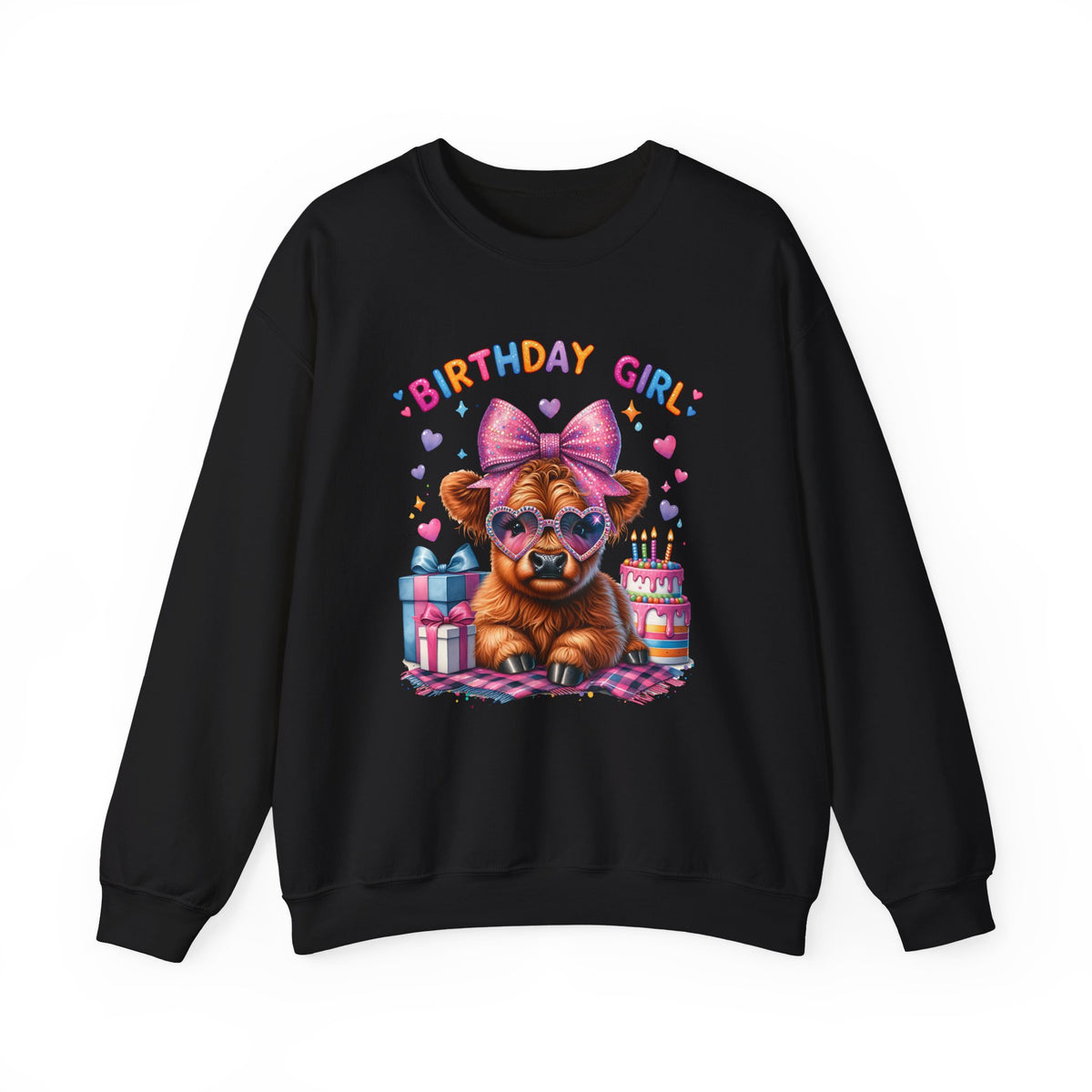 Birthday Girl, Highland Cow – Gildan Heavy Blend | Trendy Women’s Soft Sweatshirt. Direct to Garment. Printed & Shipped in the USA. Unisex Sizes.