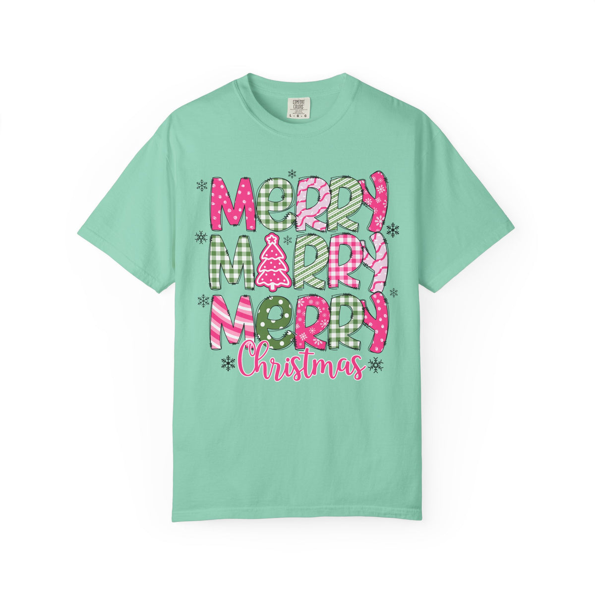 Merry Merry Merry Christmas, Festive Candy Cane & Pink and Green Plaid - Comfort Colors | Trendy Women's T-Shirt. Direct to Garment. Printed & Shipped in the USA. Unisex Sizes.