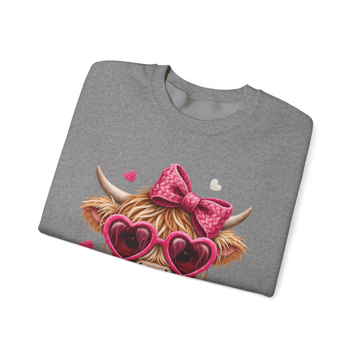 Highland Cow - Pink Heart Shaped Glasses – Gildan Heavy Blend | Trendy Women’s Soft Sweatshirt. Direct to Garment. Printed & Shipped in the USA. Unisex Sizes.