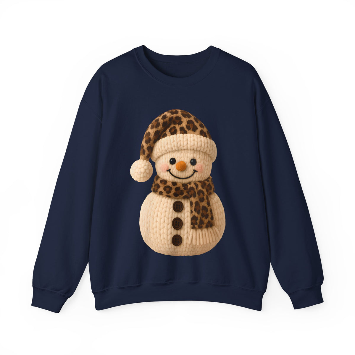 Cute Leopard Faux Knit Snowman Winter – Gildan Heavy Blend | Trendy Women’s Soft Sweatshirt. Direct to Garment. Printed & Shipped in the USA. Unisex Sizes.