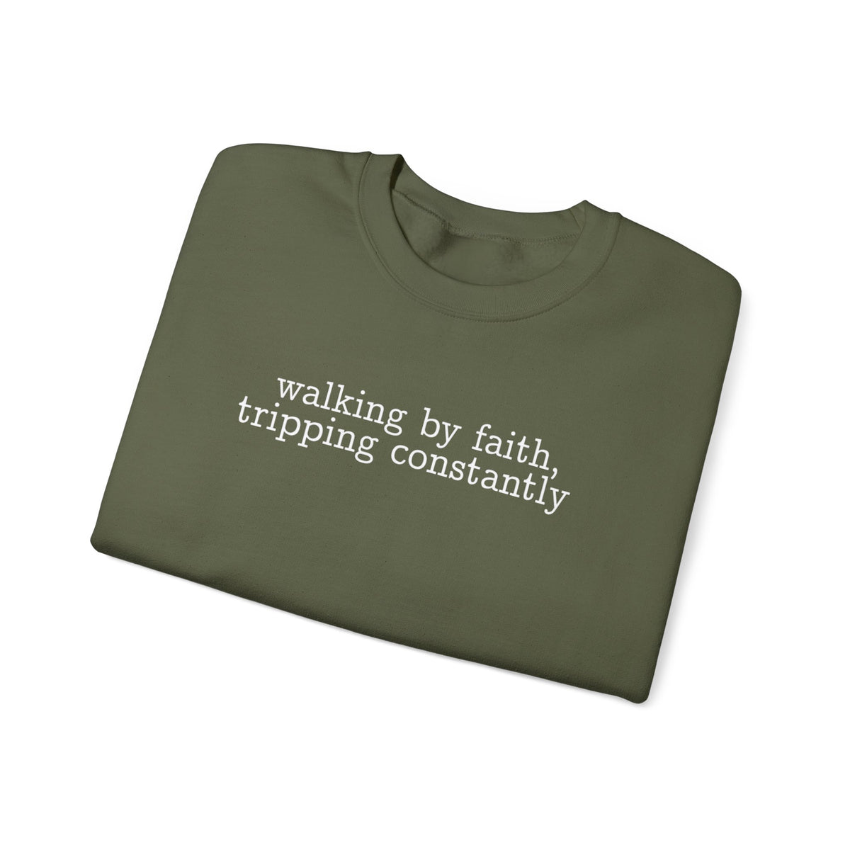 Walking By Faith, Tripping Constantly - Minimalist Design – Gildan Heavy Blend | Trendy Men's and Women’s Soft Sweatshirt. Direct to Garment. Printed & Shipped in the USA. Unisex Sizes.