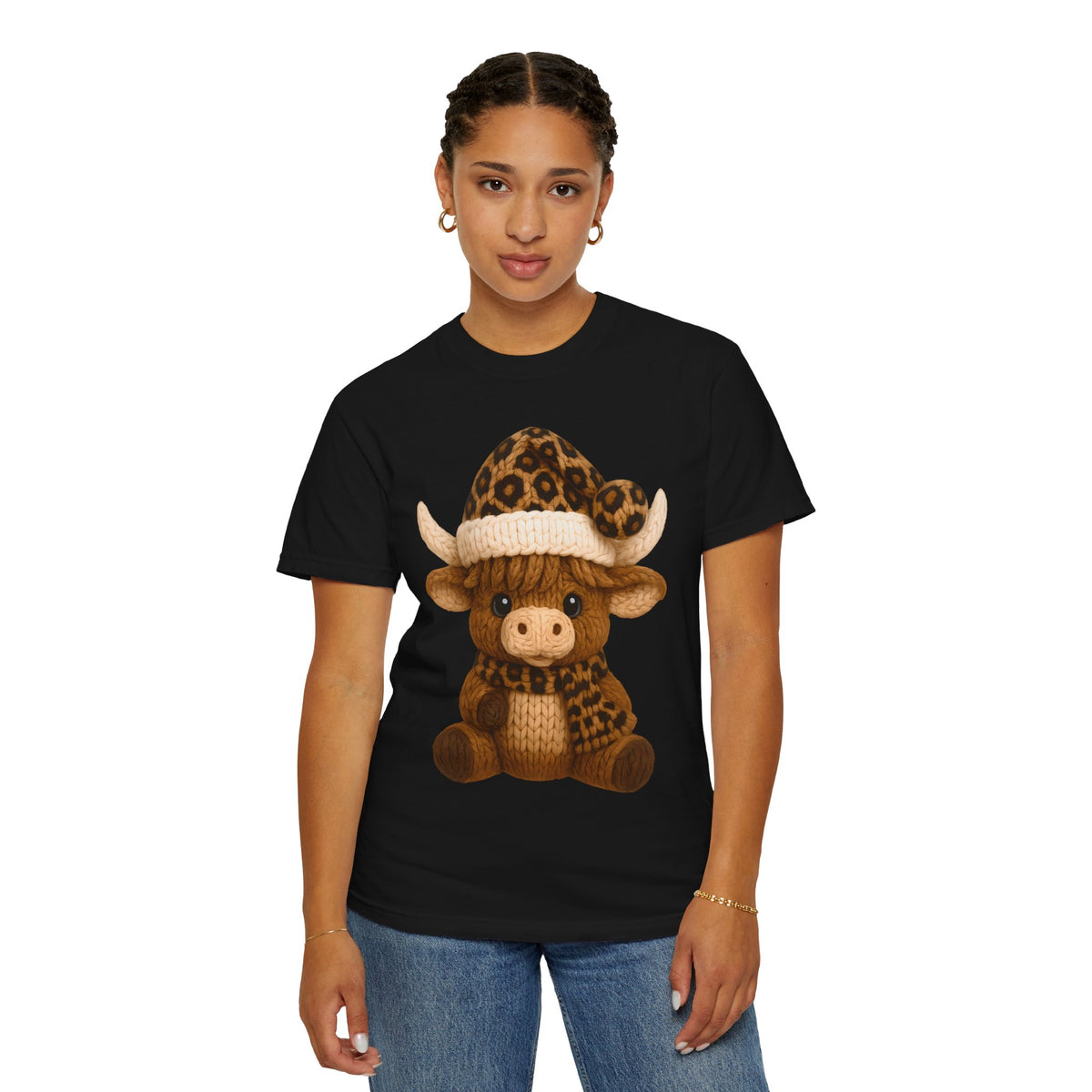 Cute Highland Cow with Leopard Santa Hat Christmas - Comfort Colors | Trendy Women's T-Shirt. Direct to Garment. Printed & Shipped in the USA. Unisex Sizes.