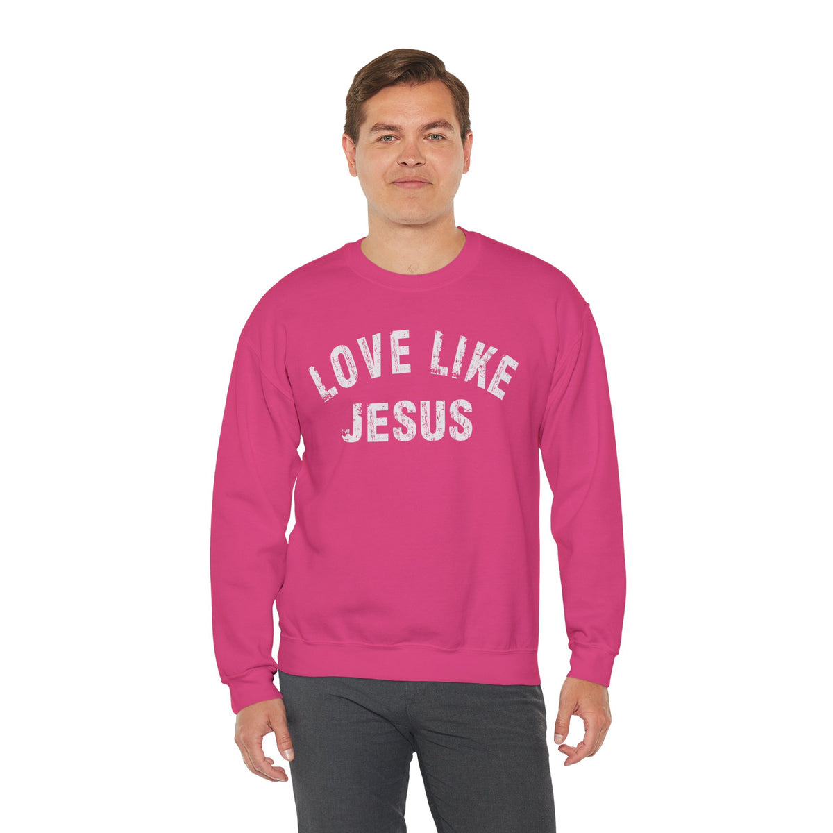 Love Like Jesus - Distressed – Gildan Heavy Blend | Trendy Men's and Women’s Soft Sweatshirt. Direct to Garment. Printed & Shipped in the USA. Unisex Sizes.