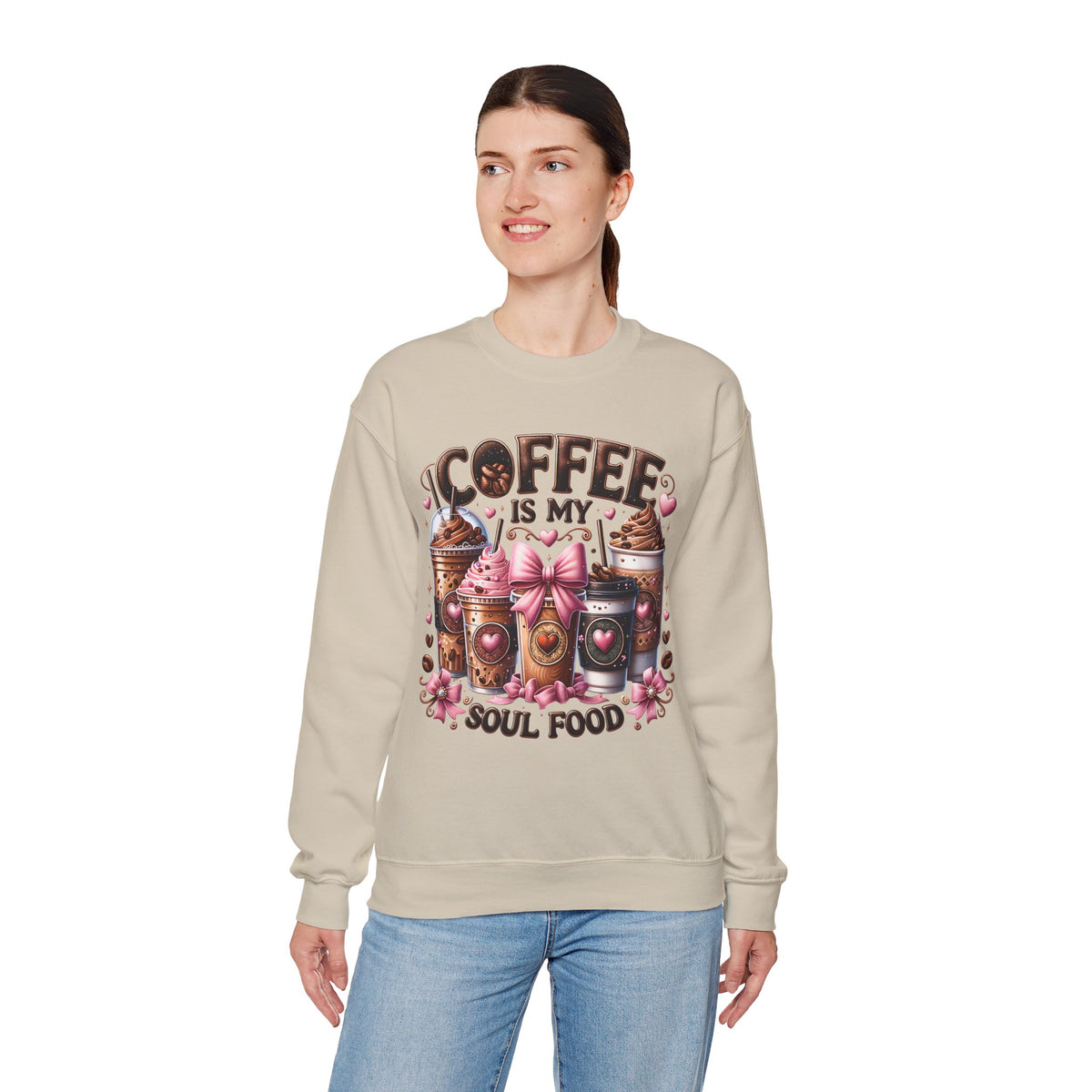 Coffee Is My Soul Food, Iced Coffee, Pink Bow – Gildan Heavy Blend | Trendy Women’s Soft Sweatshirt. Direct to Garment. Printed & Shipped in the USA. Unisex Sizes.