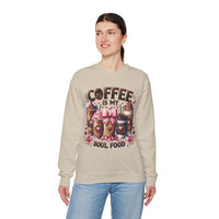 Coffee Is My Soul Food, Iced Coffee, Pink Bow – Gildan Heavy Blend | Trendy Women’s Soft Sweatshirt. Direct to Garment. Printed & Shipped in the USA. Unisex Sizes.