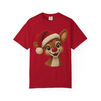 Cute Rudolph Faux Knit Look Reindeer w/Santa Hat - Comfort Colors | Trendy Women's T-Shirt. Direct to Garment. Printed & Shipped in the USA. Unisex Sizes.