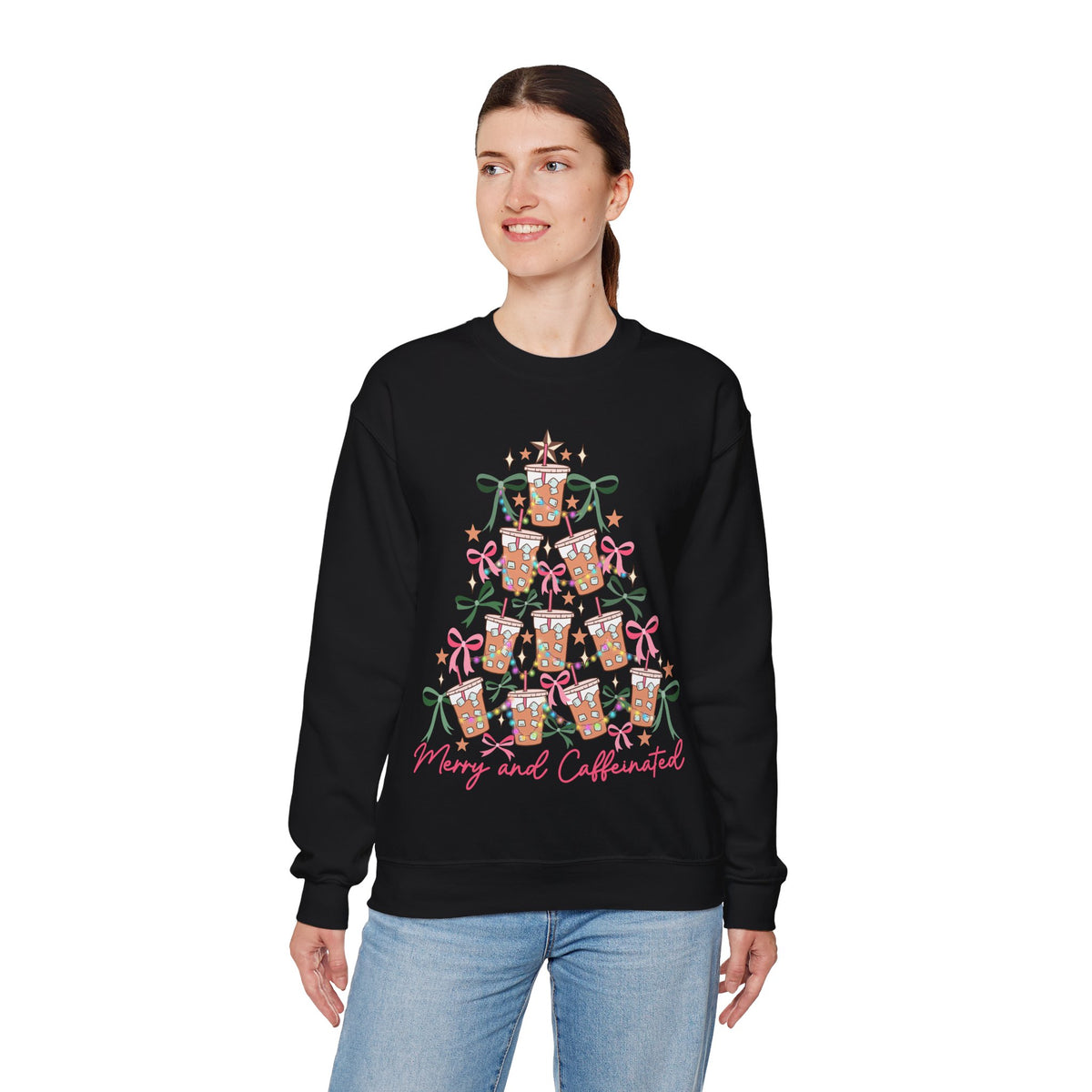 Merry and Caffeinated Iced Coffee Christmas Tree – Gildan Heavy Blend | Trendy Women’s Soft Sweatshirt. Direct to Garment. Printed & Shipped in the USA. Unisex Sizes.