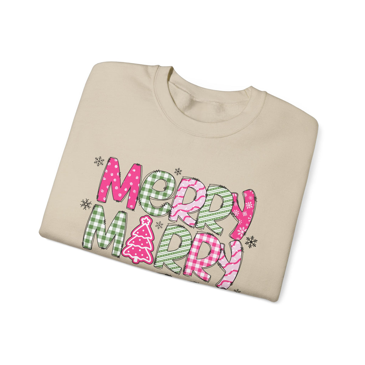 Merry Merry Merry Christmas Festive Candy Cane - Pink and Green – Gildan Heavy Blend | Trendy Women’s Soft Sweatshirt. Direct to Garment. Printed & Shipped in the USA. Unisex Sizes.
