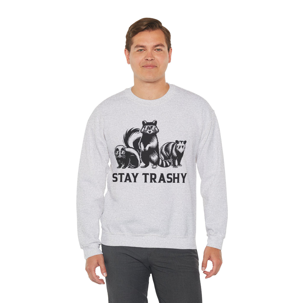 Stay Trashy, Skunk Raccoon Possum – Gildan Heavy Blend | Trendy Women’s and Men's Soft Sweatshirt. Direct to Garment. Printed & Shipped in the USA. Unisex Sizes.