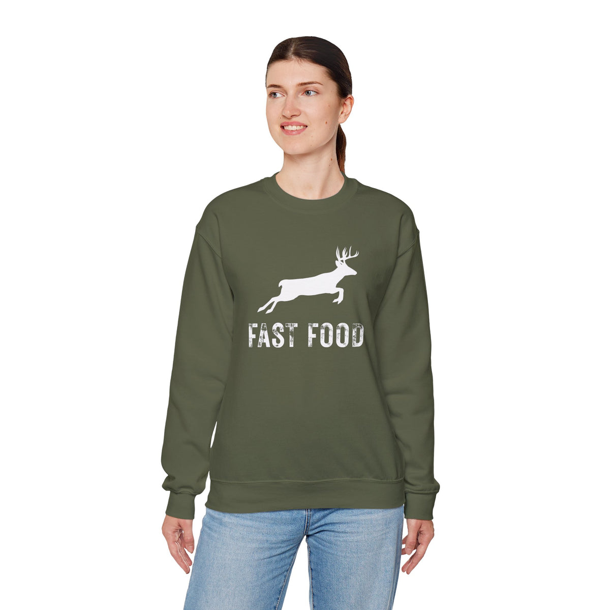 Fast Food Deer Hunting Humor Distressed – Gildan Heavy Blend | Trendy Men's and Women’s Soft Sweatshirt. Direct to Garment. Printed & Shipped in the USA. Unisex Sizes.