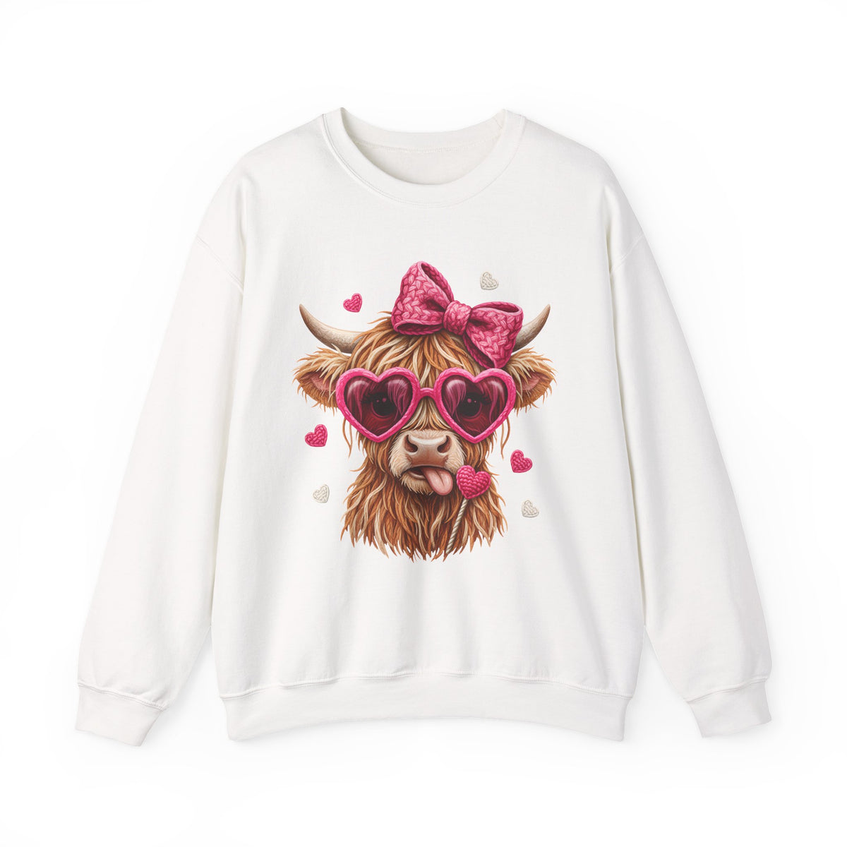 Highland Cow - Pink Heart Shaped Glasses – Gildan Heavy Blend | Trendy Women’s Soft Sweatshirt. Direct to Garment. Printed & Shipped in the USA. Unisex Sizes.
