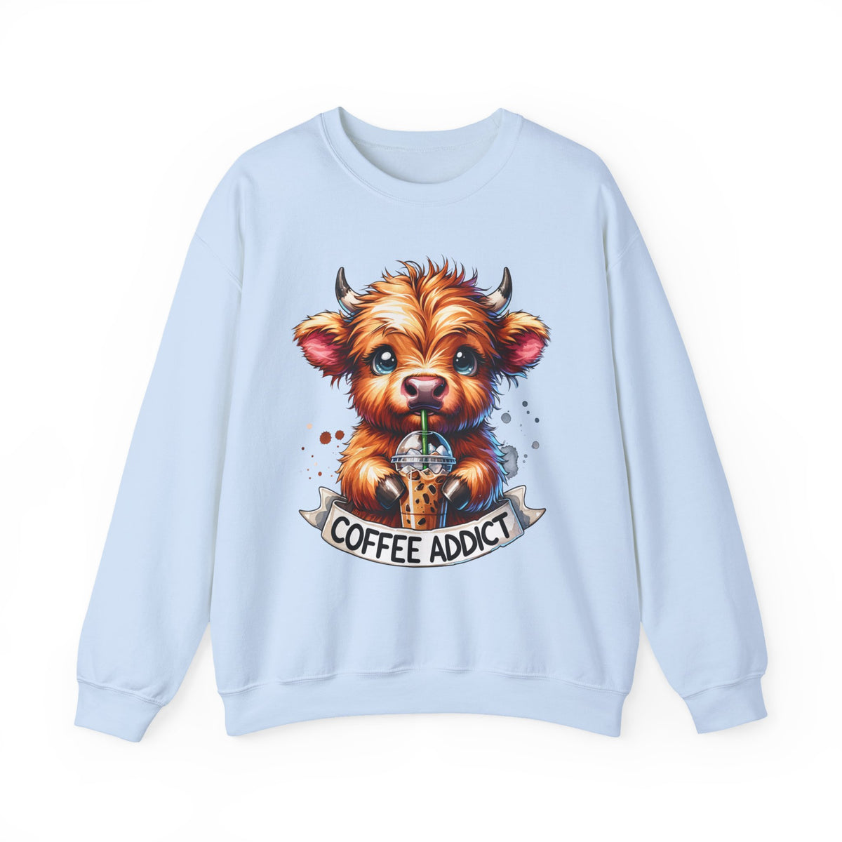 Coffee Addict Highland Cow Drinking Iced Coffee – Gildan Heavy Blend | Trendy Women’s Soft Sweatshirt. Direct to Garment. Printed & Shipped in the USA. Unisex Sizes.