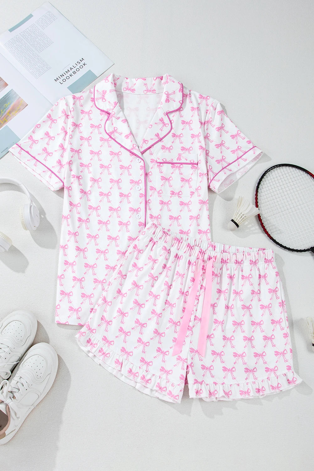Millie Pink and White Bow Ruffled Shorts 2pc Pajama Set