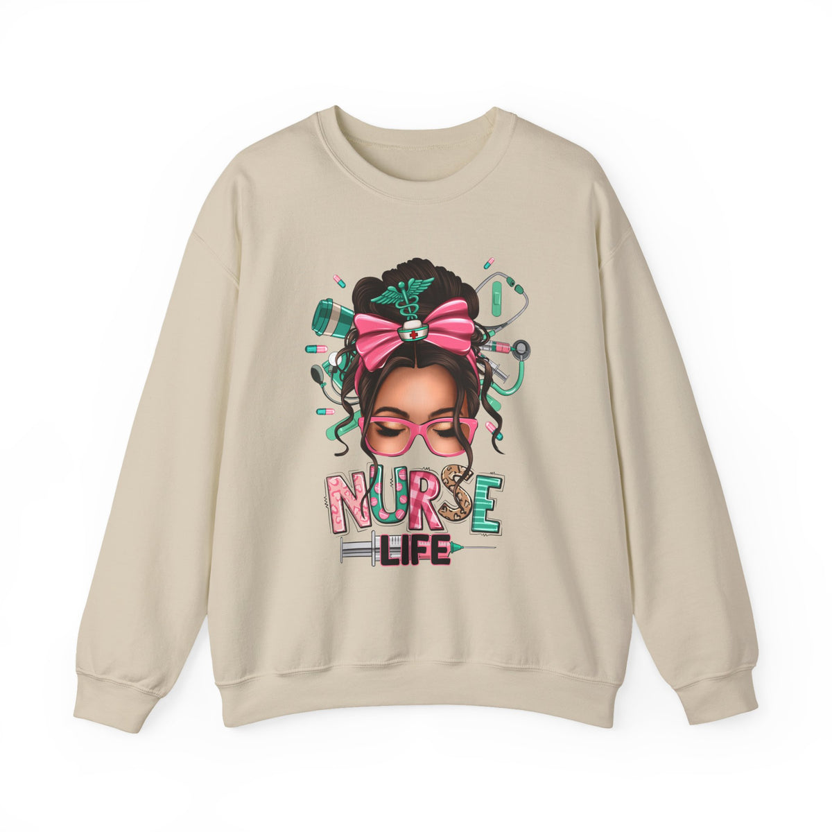 Nurse Life Messy Bun, Cute Stethescope & Syringe – Gildan Heavy Blend | Trendy Women’s Soft Sweatshirt. Direct to Garment. Printed & Shipped in the USA. Unisex Sizes.
