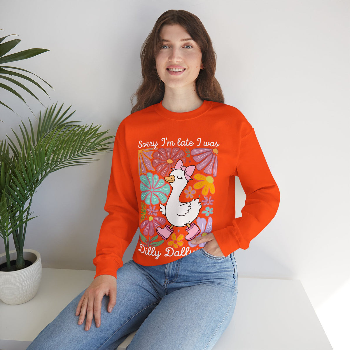 Sorry I'm Late I Was Dilly Dallying Cute Floral Duck – Gildan Heavy Blend | Trendy Women’s Soft Sweatshirt. Direct to Garment. Printed & Shipped in the USA. Unisex Sizes.