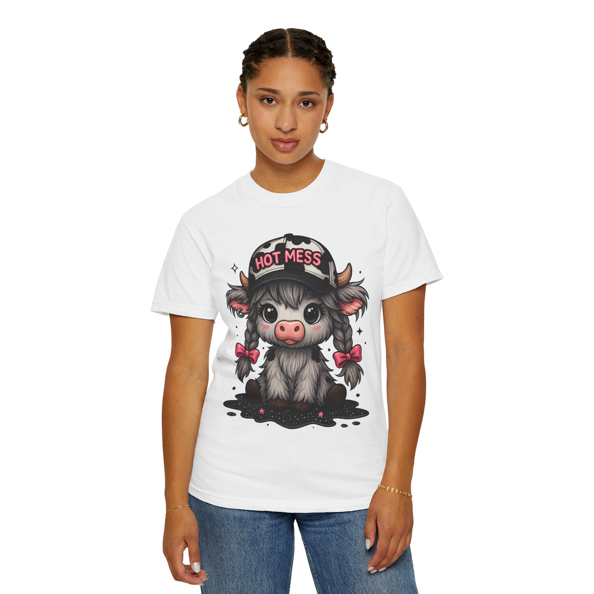 Cute Highland Cow 'Hot Mess' In Braids  - Comfort Colors | Trendy Women's T-Shirt. Direct to Garment. Printed & Shipped in the USA. Unisex Sizes.