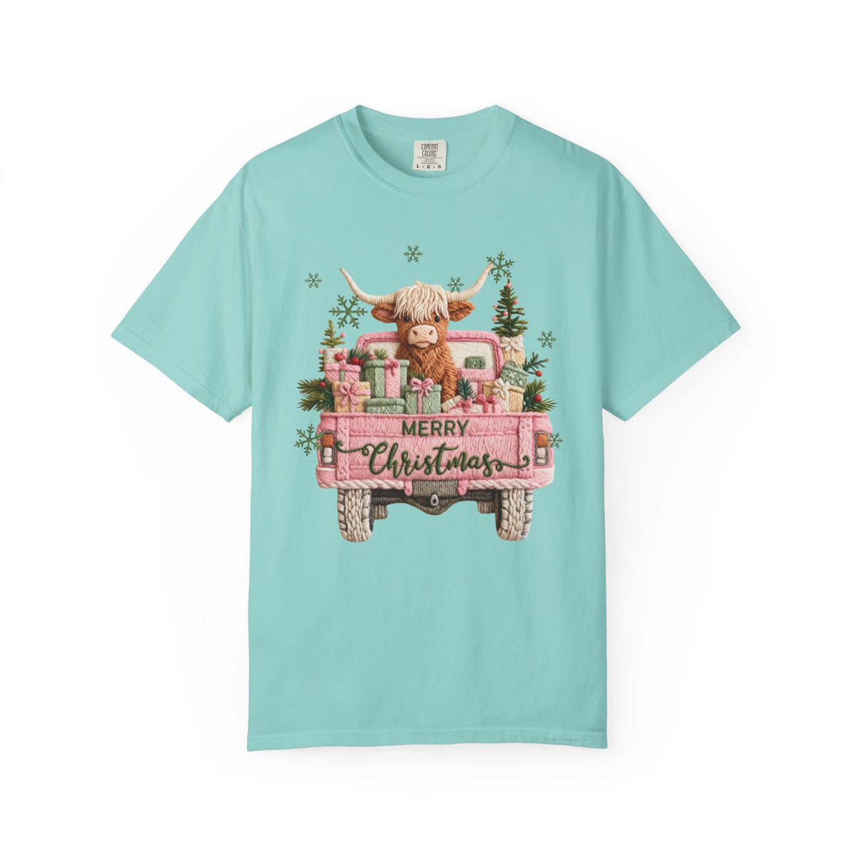Highland Cow in Pink Truck Merry Christmas Holiday Farmhouse - Comfort Colors | Trendy Women's T-Shirt. Direct to Garment. Printed & Shipped in the USA. Unisex Sizes.
