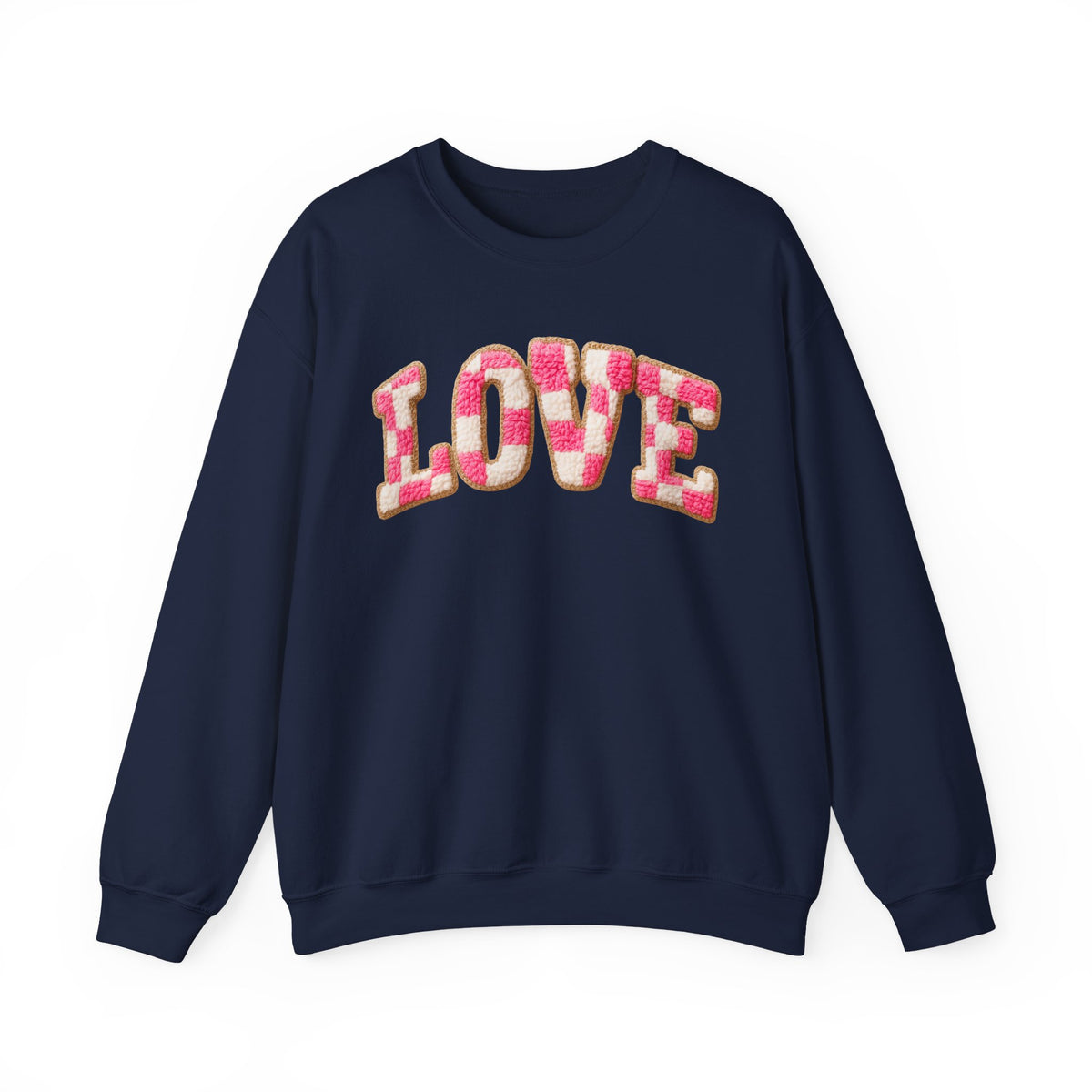 Faux Crochet Checkered LOVE – Gildan Heavy Blend | Trendy Women’s Soft Sweatshirt. Direct to Garment. Printed & Shipped in the USA. Unisex Sizes.