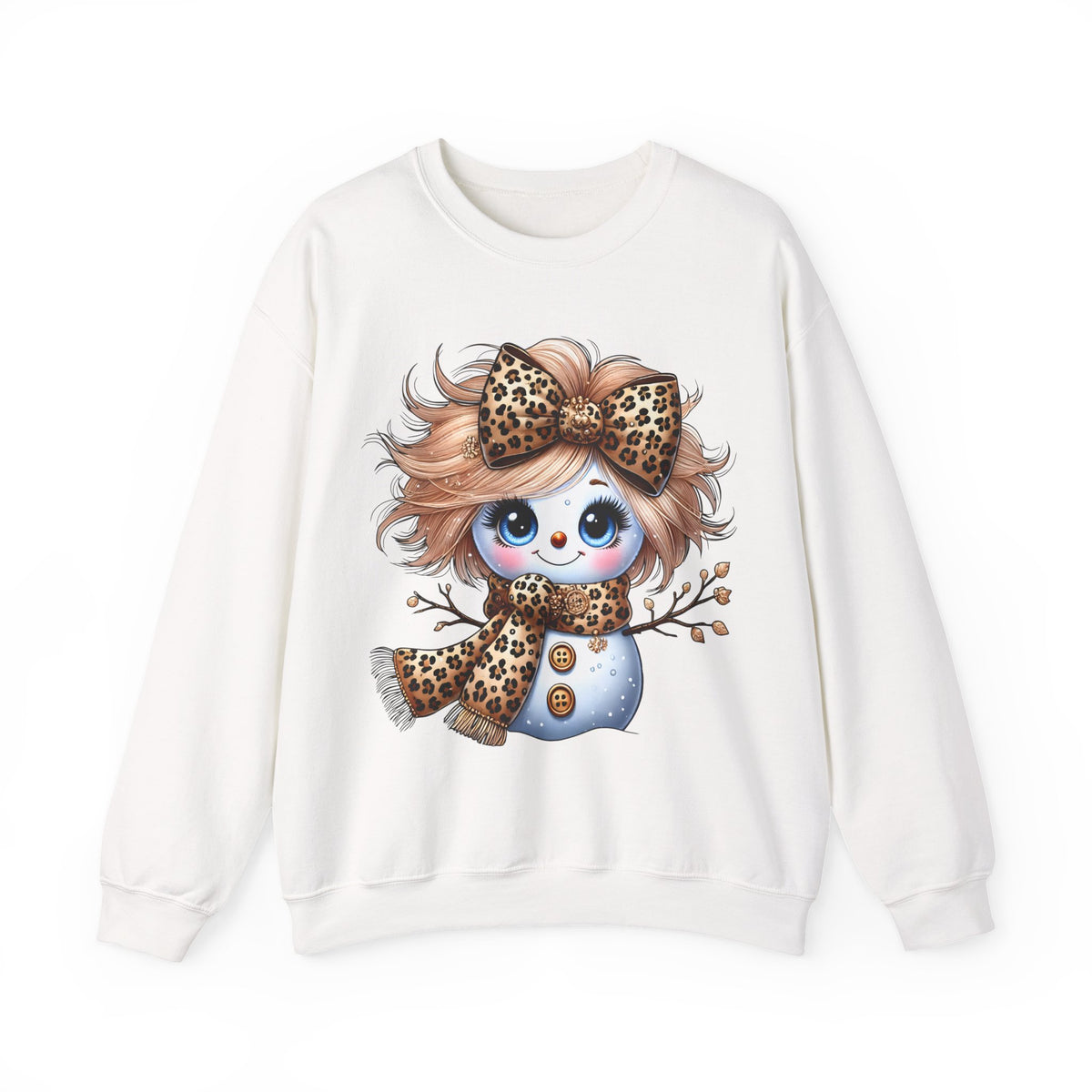 Snowgirl Cute Leopard Bow Snowman, Winter Cozy – Gildan Heavy Blend | Trendy Women’s Soft Sweatshirt. Direct to Garment. Printed & Shipped in the USA. Unisex Sizes.