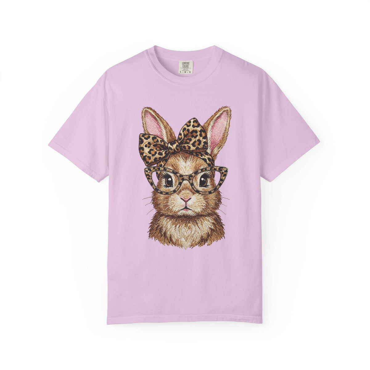 Bunny with Leopard Bow and Glasses - Comfort Colors | Trendy Women's T-Shirt. Direct to Garment. Printed & Shipped in the USA. Unisex Sizes.