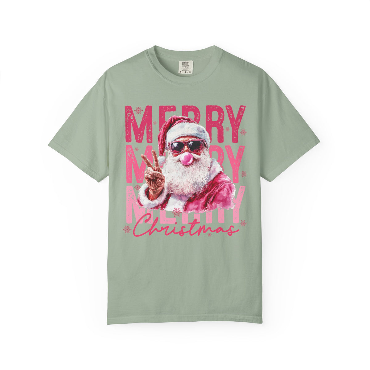 Pink Merry Christmas Bubblegum Santa - Comfort Colors | Trendy Women's T-Shirt. Direct to Garment. Printed & Shipped in the USA. Unisex Sizes.