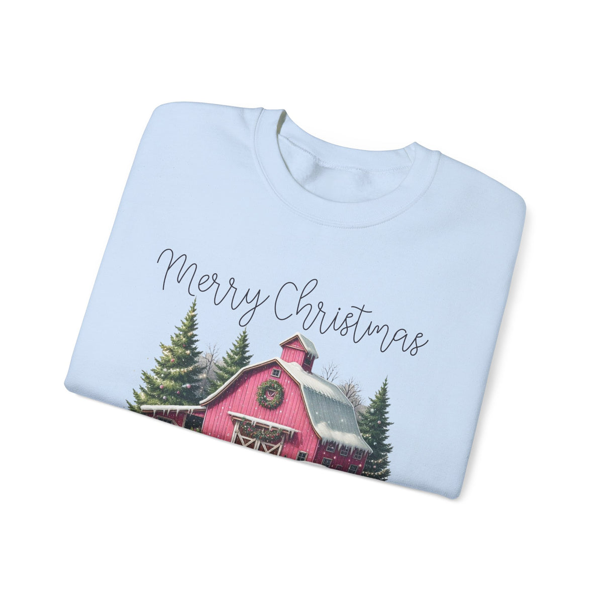 Merry Christmas Pink Barn Farm Animals – Gildan Heavy Blend | Trendy Women’s Soft Sweatshirt. Direct to Garment. Printed & Shipped in the USA. Unisex Sizes.