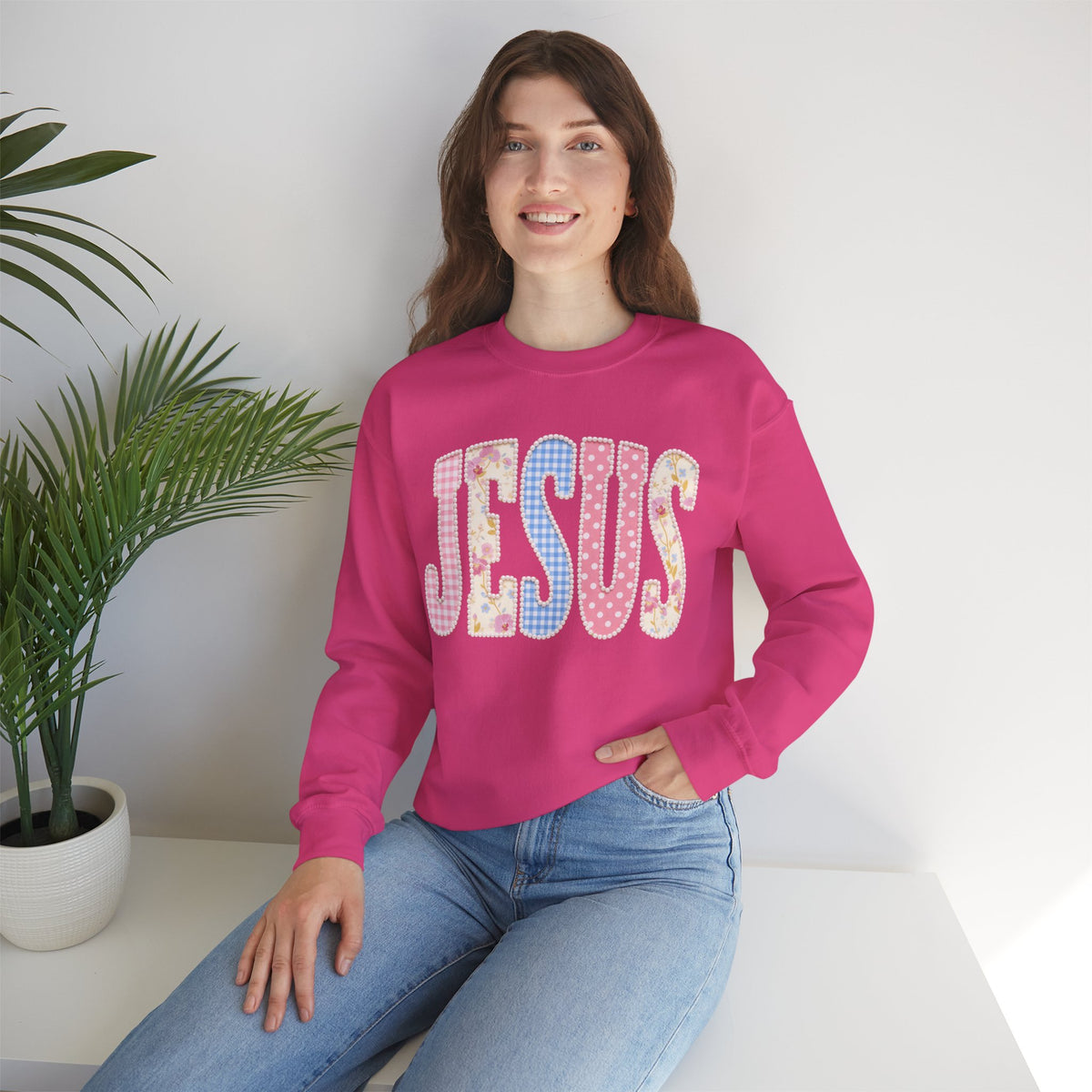 JESUS Pastel Faux Patchwork – Gildan Heavy Blend | Trendy Women’s Soft Sweatshirt. Direct to Garment. Printed & Shipped in the USA. Unisex Sizes.