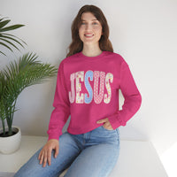 JESUS Pastel Faux Patchwork – Gildan Heavy Blend | Trendy Women’s Soft Sweatshirt. Direct to Garment. Printed & Shipped in the USA. Unisex Sizes.