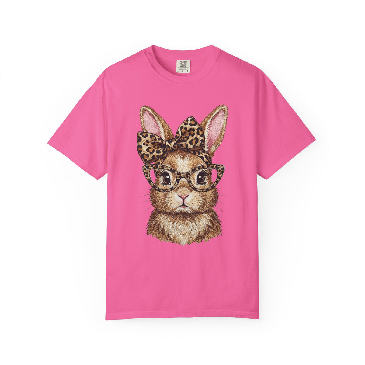 Bunny with Leopard Bow and Glasses - Comfort Colors | Trendy Women's T-Shirt. Direct to Garment. Printed & Shipped in the USA. Unisex Sizes.