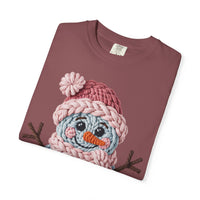 Cute Yarn Snowman - Pink Scarf - Comfort Colors | Trendy Women's T-Shirt. Direct to Garment. Printed & Shipped in the USA. Unisex Sizes.